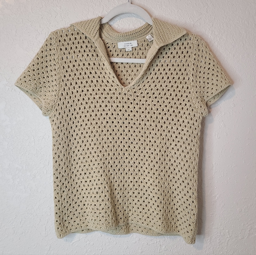 Vince Open-Knit Short Sleeve Polo Top in Light Beige